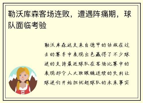 勒沃库森客场连败，遭遇阵痛期，球队面临考验