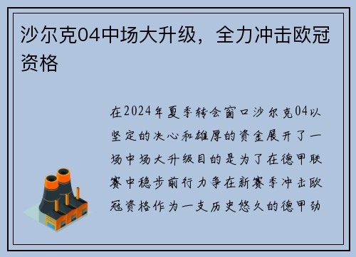 沙尔克04中场大升级，全力冲击欧冠资格