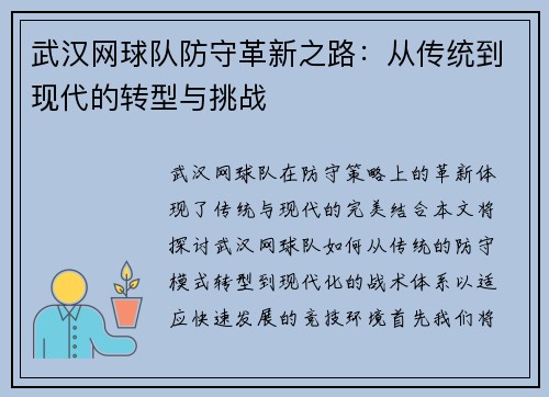 武汉网球队防守革新之路：从传统到现代的转型与挑战